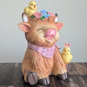 Spring Baby Highland Cow with Easter Chicks And floral Crown Detail 🐥🌸